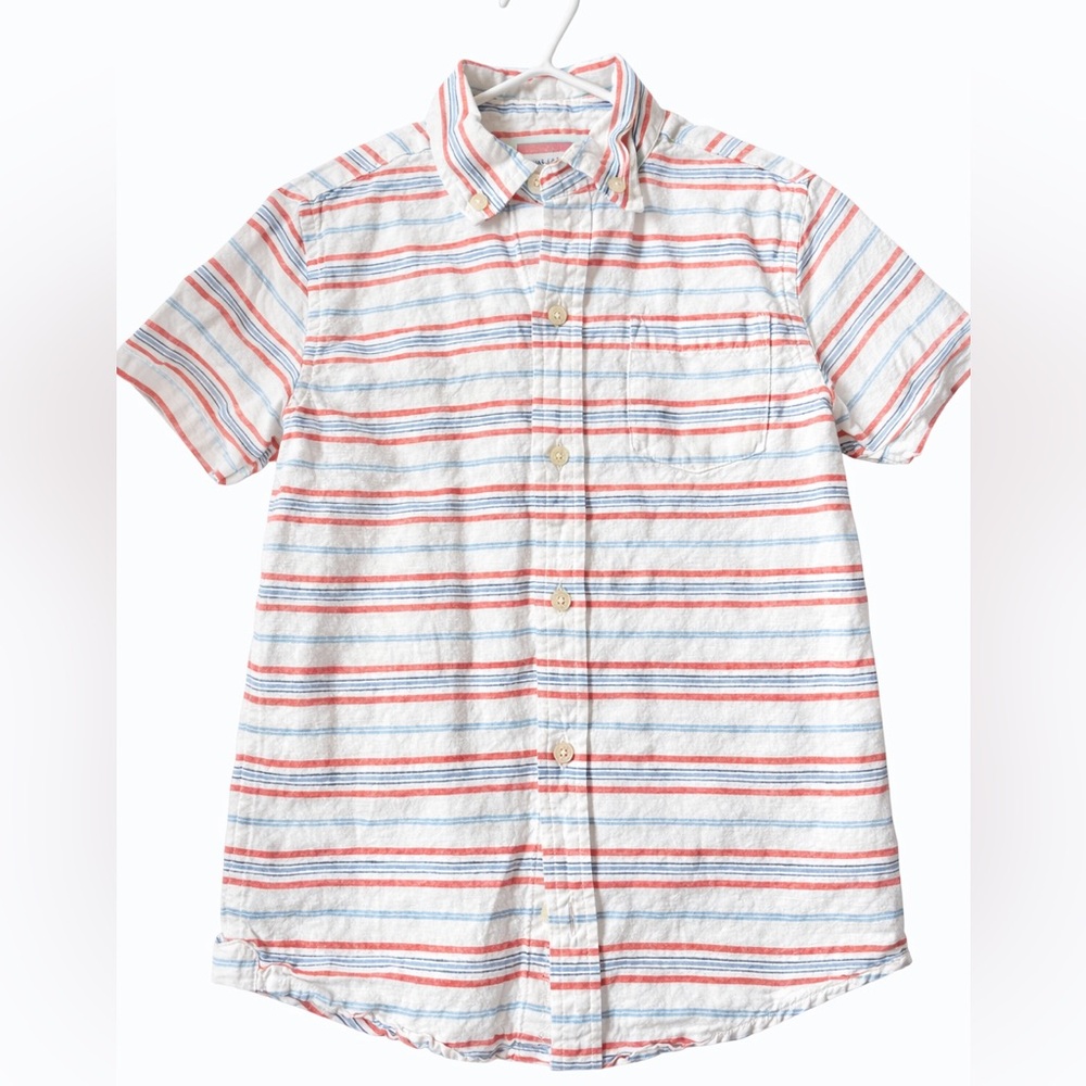 Janie and Jack Boys Striped Button Down Shirt Size 6 Red White Blue Short Sleeve